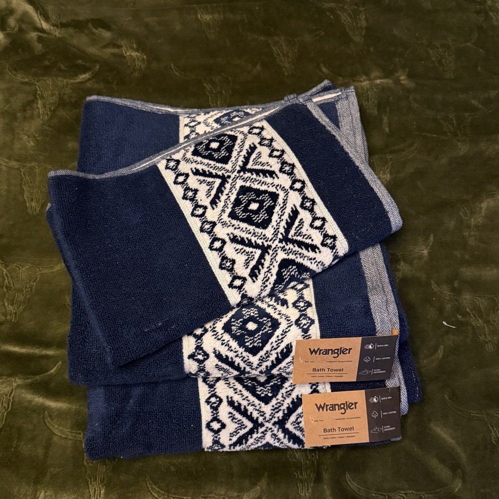 Wrangler Towel Set Unisex OS Paxton Blue NWT 3 Piece Cotton Southwestern Navy